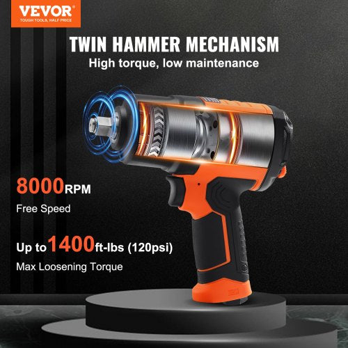 1/2-Inch Air Impact Wrench, High Torque Up to 1400 ft-lbs, Lightweight 4.6 lb Design Pneumatic Impact Gun with 11-PCS 1/2-Inch Drive CR-V Steel Impact Socket Set & Carrying Case
