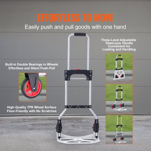 Folding Hand Truck, 176 lbs Load Capacity, Aluminum Portable Cart, Convertible Hand Truck and Dolly with Telescoping Handle and Rubber Wheels, Ultra Lightweight Super Strong for Moving Warehouse