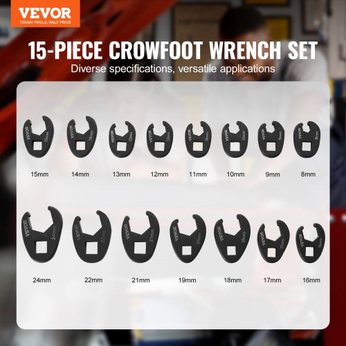 Crowfoot Wrench Set, 1/2" and 3/8" Drive 15-Piece Crows Foot Wrench Set with PP Storage Case,  Metric 8-24 mm, CRMO Steel and  Manganese Phosphate Finish, for Mechanical Maintenance and Repairs