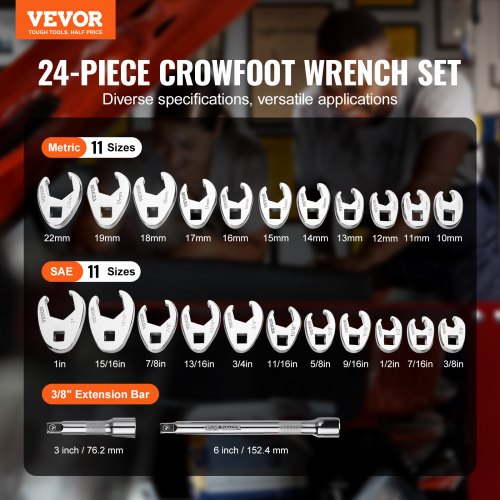 Crowfoot Wrench Set, 3/8" Drive 24-Piece Crows Foot Wrench Set with 2 Extension Bars and EVA Tool Organizer, SAE 3/8"-1" and Metric 10-22 mm, CRMO Steel and Mirror Chrome Finish