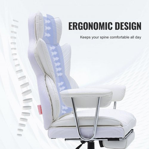 Reclining Office Chair with Footrest, Heavy Duty PU Leather Wide Office Chair, Big and Tall Executive Office Chairs with Lumbar Support, Strong Metal Base Quiet Wheels, White