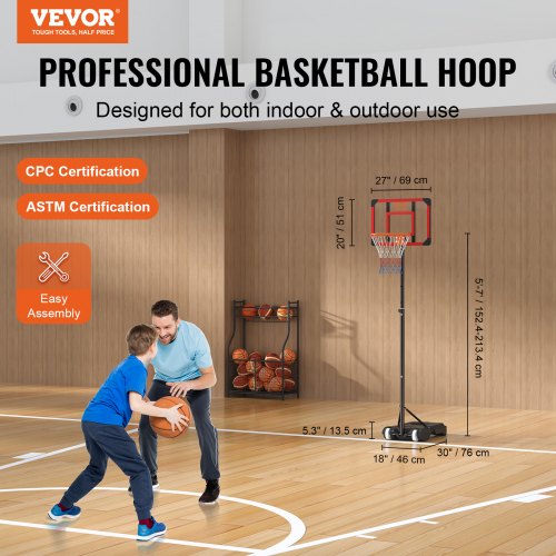 Basketball Hoop, 5-7 ft Adjustable Height Portable Backboard System, 28 inch Basketball Hoop & Goal, Kids & Adults Basketball Set with Wheels, Stand, and Fillable Base, for Outdoor/Indoor