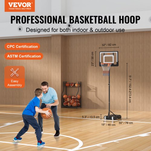 Basketball Hoop, 5-7 ft Adjustable Height Portable Backboard System, 32 inch Basketball Hoop & Goal, Kids & Adults Basketball Set with Wheels, Stand, and Fillable Base, for Outdoor/Indoor