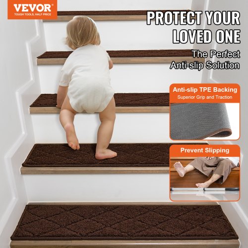 Stair Treads, Stairs Carpet Non Slip 9" x 28", Indoor Stair Runner for Wooden Steps, Anti Slip Carpet Soft Edging Stair Rugs Mats for Kids Elders and Dogs, 15 pcs, Brown