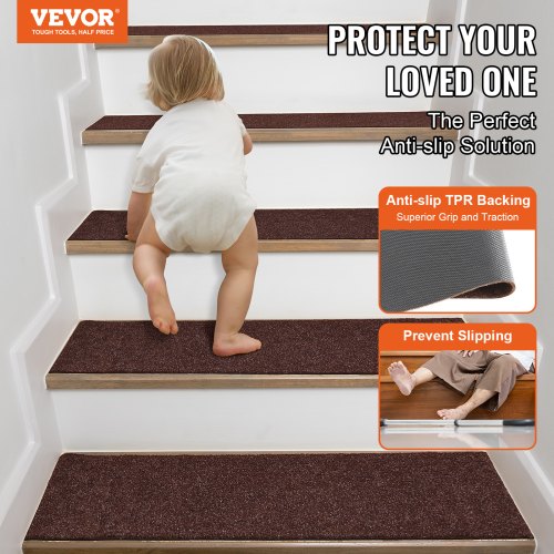 Stair Treads, Stairs Carpet Non Slip 8" x 30", Indoor Stair Runner for Wooden Steps, Anti Slip Carpet Stair Rugs Mats for Kids Elders and Dogs, 15 pcs, Brown