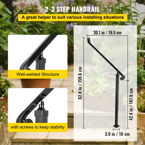 40mm Pipe Wrought Iron Handrail 2 Steps Handrails for Outdoor Steps Handrails Garden Railing Exterior Handrail Stair Railings for Steps with One Bolt Down Post