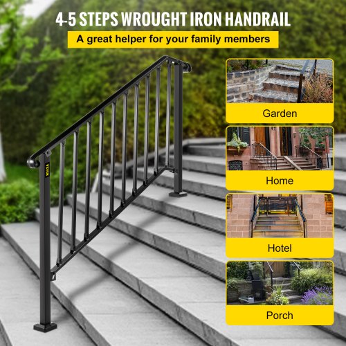 Handrails for Outdoor Steps, Fit 4 or 5 Steps Outdoor Stair Railing, Picket#4 Wrought Iron Handrail, Flexible Porch Railing, Black Transitional Handrails for Concrete Steps or Wooden Stairs