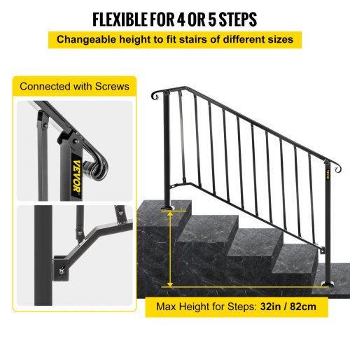 Handrails for Outdoor Steps, Fit 4 or 5 Steps Outdoor Stair Railing, Picket#4 Wrought Iron Handrail, Flexible Porch Railing, Black Transitional Handrails for Concrete Steps or Wooden Stairs