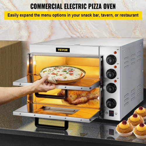 Commercial Pizza Oven Countertop, 14" Double Deck Layer, 110V 1950W Stainless Steel Electric Pizza Oven with Stone and Shelf, Multipurpose Indoor Pizza Maker for Restaurant Home Pretzels Baked