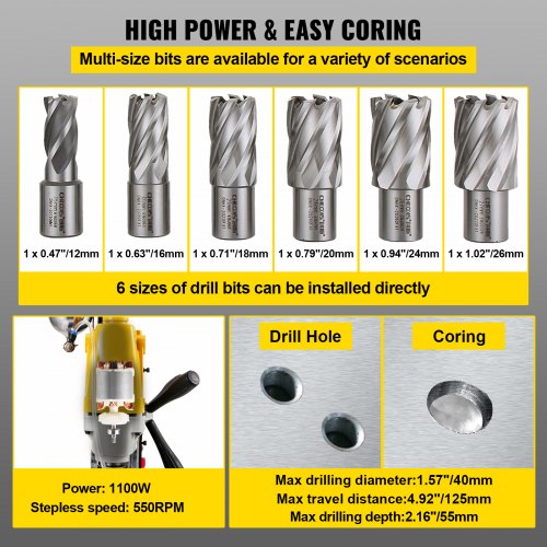 MD40 Magnetic Drilling Machine with 6PC 1 in HSS Cutter Set Annular Cutter Bits MD40 Industruial 1100W 40mm Magnetic Mag Drill w/6PC 1" HSS Annular Drill Bits