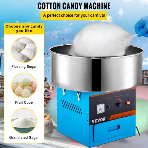 Blue Candy Floss Maker 21 Inch Stainless Steel Bowl Commercial Cotton Candy Machine Stainless Steel Cotton Candy Maker Blue with Sugar Scoop for Various Parties
