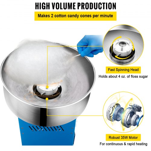 Blue Candy Floss Maker 21 Inch Stainless Steel Bowl Commercial Cotton Candy Machine Stainless Steel Cotton Candy Maker Blue with Sugar Scoop for Various Parties