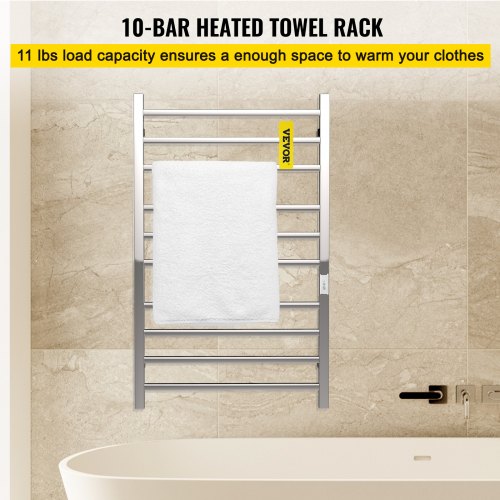 Heated Towel Rack, 10 Bars Design, Mirror Polished Stainless Steel Electric Towel Warmer with Built-In Timer, Wall-Mounted for Bathroom, Plug-In/Hardwired, CE Certificated, Silver
