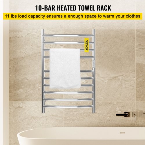 Heated Towel Rack, 10 Bars Curved Design, Mirror Polished Stainless Steel Electric Towel Warmer with Built-In Timer, Wall-Mounted for Bathroom, Plug-In/Hardwired, CE Certificated, Silver