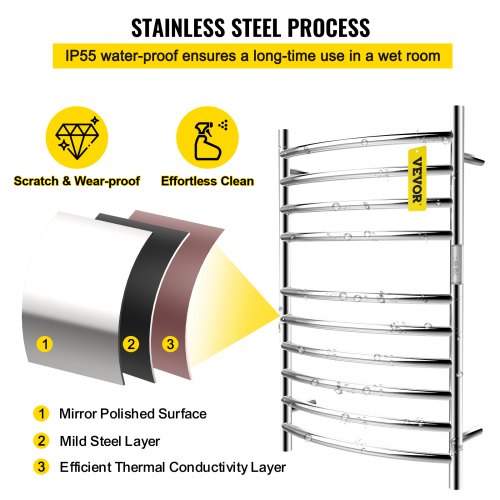 Heated Towel Rack, 10 Bars Curved Design, Mirror Polished Stainless Steel Electric Towel Warmer with Built-In Timer, Wall-Mounted for Bathroom, Plug-In/Hardwired, CE Certificated, Silver