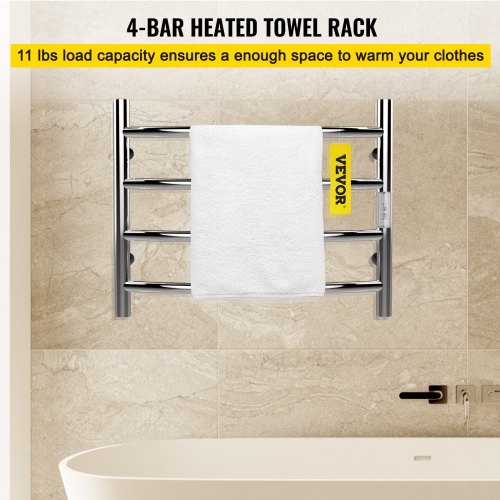 Heated Towel Rack, 4 Bars Curved Design, Mirror Polished Stainless Steel Electric Towel Warmer with Built-In Timer, Wall-Mounted for Bathroom, Plug-In/Hardwired, CE Certificated, Silver