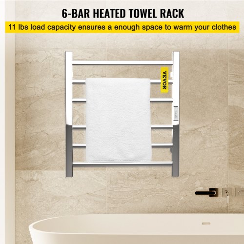 Heated Towel Rack, 6 Bars Design, Mirror Polished Stainless Steel Electric Towel Warmer with Built-In Timer, Wall-Mounted for Bathroom, Plug-In/Hardwired, CE Certificated, Silver