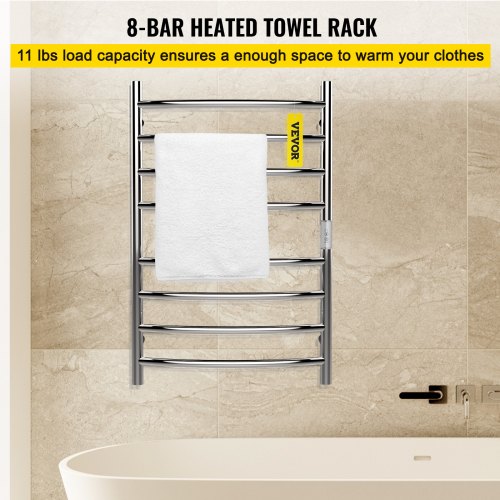 Heated Towel Rack, 8 Bars Curved Design, Mirror Polished Stainless Steel Electric Towel Warmer with Built-In Timer, Wall-Mounted for Bathroom, Plug-In/Hardwired, CE Certificated, Silver