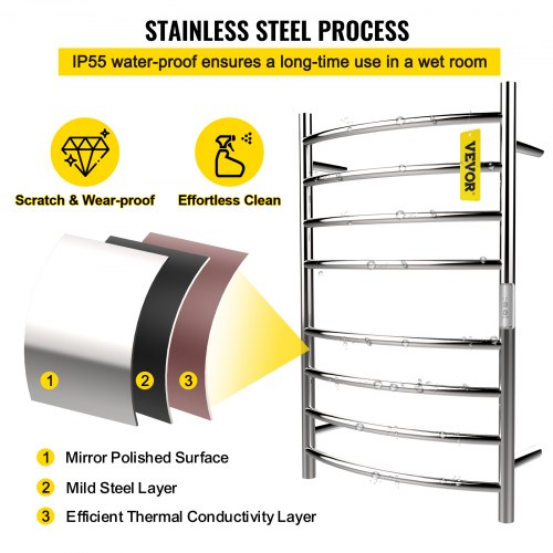 Heated Towel Rack, 8 Bars Curved Design, Mirror Polished Stainless Steel Electric Towel Warmer with Built-In Timer, Wall-Mounted for Bathroom, Plug-In/Hardwired, CE Certificated, Silver