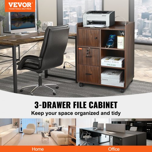 Wood File Cabinet, Mobile Printer Cabinet 3-Drawer, with 2 Outlets and 2 USB Ports, Printer Stand with Open Storage Shelves for Home Office, Rustic Brown, EPA and CARB certified