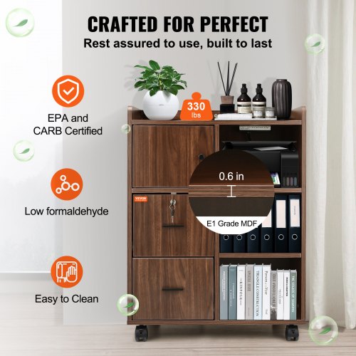 Wood File Cabinet, Mobile Printer Cabinet 3-Drawer, with 2 Outlets and 2 USB Ports, Printer Stand with Open Storage Shelves for Home Office, Rustic Brown, EPA and CARB certified