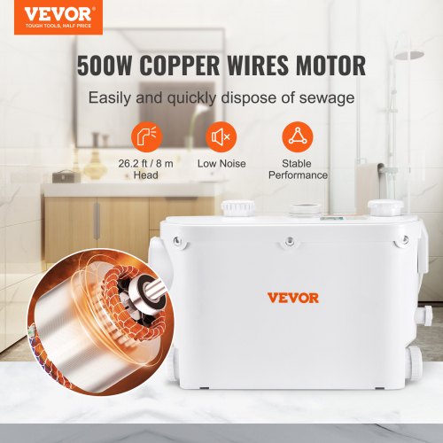 Macerator Pump, 500W, 6600 L/h Flow, 26.2 ft/8 m Head, Macerator Sewerage Sump Pump with 3 Water Inlets for Toilet, Basement, Kitchen, Sink, Shower, Bathtub Waste Water Disposal Upflush Machine