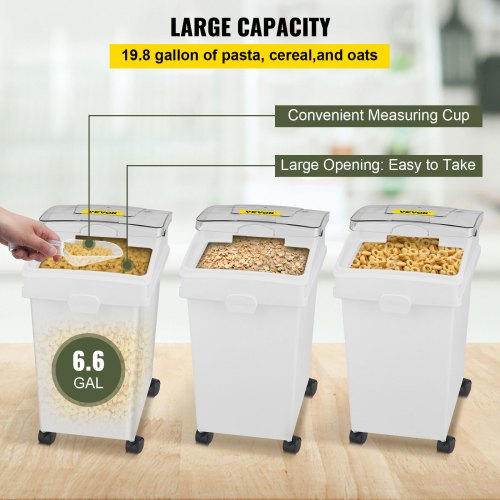Ingredient Bin, 5.5 Gallons Capacity Ingredient Storage Bin, PP Material Flour Bins On Wheels, White Shelf Ingredient Bin with Scoop and Sliding Lid, Commercial Storage Bins, 3 Pcs/Set