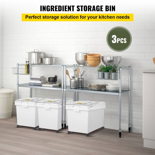 Ingredient Bin, 8.8 Gallons Capacity Ingredient Storage Bin, PP Material Flour Bins On Wheels, White Shelf Ingredient Bin with Scoop and Sliding Lid, Commercial Storage Bins, 3 Pcs/Set