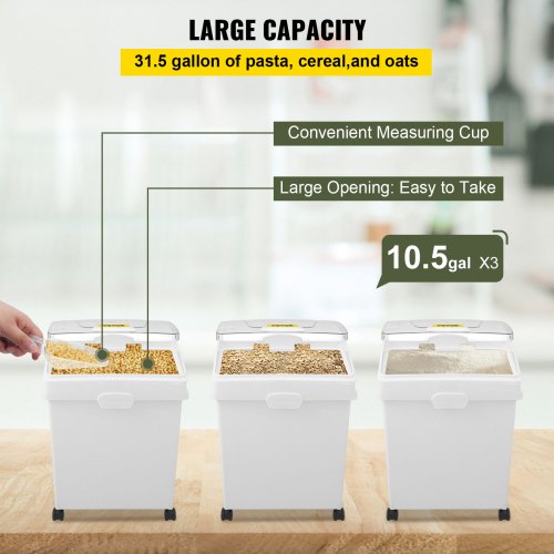 Ingredient Bin, 8.8 Gallons Capacity Ingredient Storage Bin, PP Material Flour Bins On Wheels, White Shelf Ingredient Bin with Scoop and Sliding Lid, Commercial Storage Bins, 3 Pcs/Set