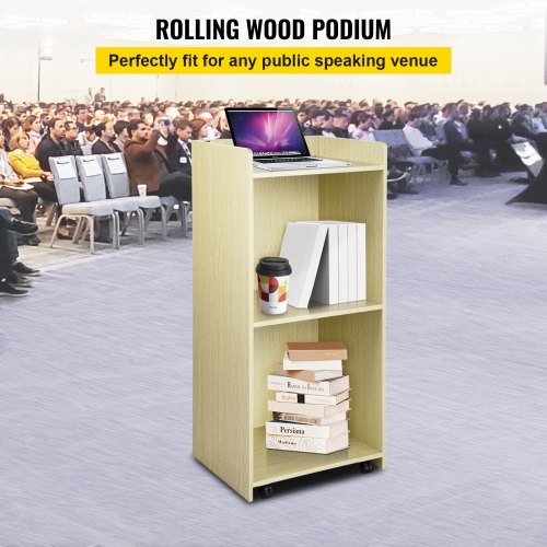 Wood Podium, 39.4 x 20 FT, Lecterns and Podiums w/ 4 Rolling Wheels, Baffle Plate & Shelf, Easy Assembly Oak Wood Lecterns for Church, Office, School, Home White