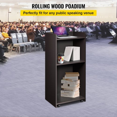 Wood Podium, 60 x 40 x 120 cm, Lecterns and Podiums w/ 4 Rolling Wheels, Flat Surface, Baffle Plate & Shelf, Easy Assembly Ebony Lecterns for Church Office School Home, Black