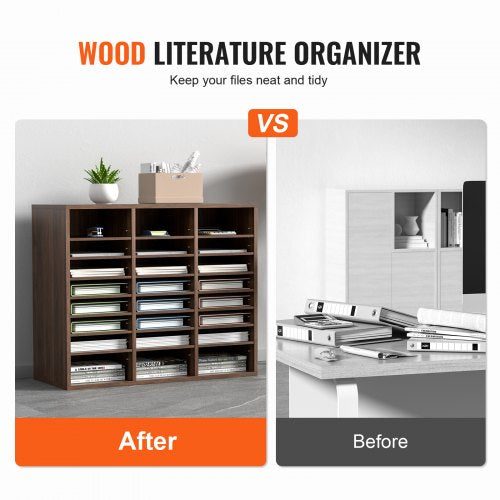 Literature Organizers, 24 Compartments Office Mailbox with Adjustable Shelves, Wood Literature Sorter 29x12x24.4 inches for Office, Home, Classroom, Mailrooms Organization, EPA Certified, Brown