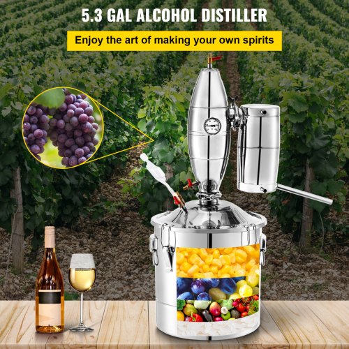 20L 5.28Gal Water Alcohol Distiller 304 Stainless Steel Moonshine Wine Making Boiler Home Kit with Thermometer for Whiskey Brandy Essential Oils