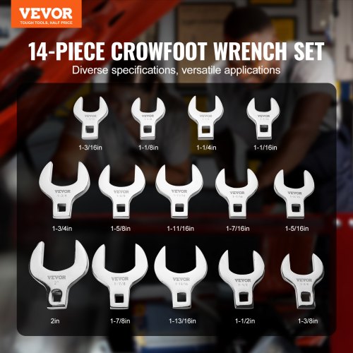 Crowfoot Wrench Set, 1/2" Drive 14-Piece Crows Foot Wrench Set with PP Tool Organizer, SAE 1-1/16" - 2", 40CR Material and Mirror Chrome Finish, for Mechanical Maintenance and Repairs