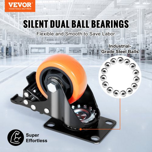 Caster Wheels, 3-inch Swivel Plate Casters, Set of 4, with Security A/B Locking No Noise PVC Wheels, Heavy Duty 250 lbs Load Capacity Per Caster, Non-Marking Wheels for Cart Furniture Workbench