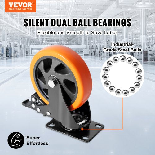 Caster Wheels, 5-inch Swivel Plate Casters, Set of 4, with Security A/B Locking No Noise PVC Wheels, Heavy Duty 450 lbs Load Capacity Per Caster, Non-Marking Wheels for Cart Furniture Workbench