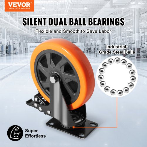 Caster Wheels, 6-inch Swivel Plate Casters, Set of 4, with Security A/B Locking No Noise PVC Wheels, Heavy Duty 700 lbs Load Capacity Per Caster, Non-Marking Wheels for Cart Furniture Workbench