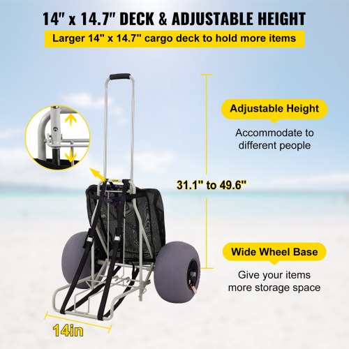 Beach Carts for Sand, 14" x 14.7" Cargo Deck, w/ 13" TPU Balloon Wheels, 165LBS Loading Capacity Folding Sand Cart & 29.5" to 49.2" Adjustable Height, Heavy Duty Cart for Picnic, Fishing, Beach