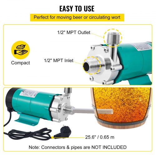 Magnetic Beer Pump with Food MP-15RP Grade Well Pump Stainless Steel Head Magnetic Drive Brewing Beer Pump with High Temp Magnetic Brewing Beer Pump