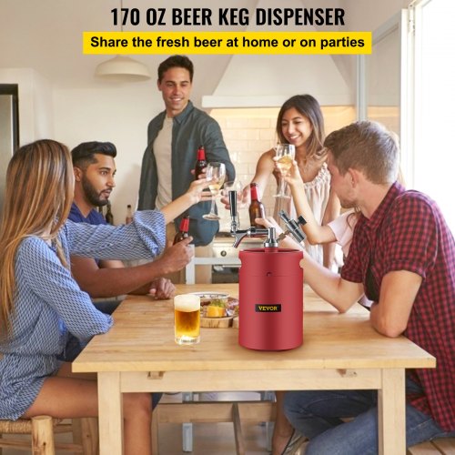 Beer Growler Tap System, 170Oz Mini Keg, 5L Pressurized Beer Growler, 304 Stainless Steel Mini Keg Growler, Comes with Dual Pressure Display CO2 Regulator Faucet 20" Beer Hose Relief Ring, Red
