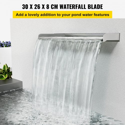Waterfall Blade, 30cm Stainless Steel Waterfall Spillway, Rectangular Waterfall Pool Fountain, Cascade Blade w/ Connector, Hose, Clamp & PTFE Tape, Water Blade for Koi Fish Pond, Water Feature
