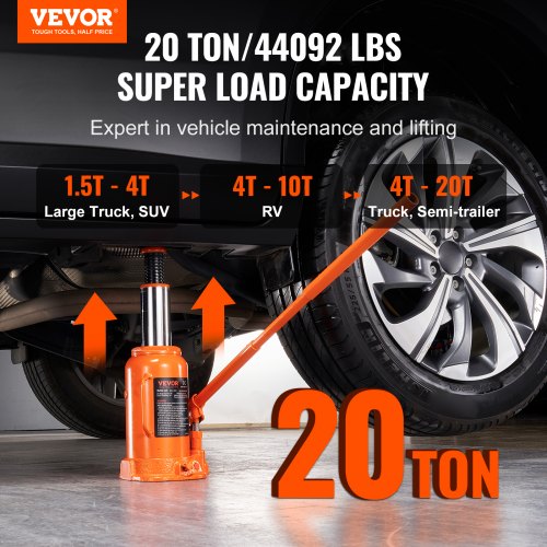 Hydraulic Bottle Jack, 20 Ton/44092 LBS All Welded Bottle Jack, 240-450 mm Lifting Range, with 3-section Long Handle, for Car, Pickup Truck, Truck, RV, Auto Repair, Industrial Engineering