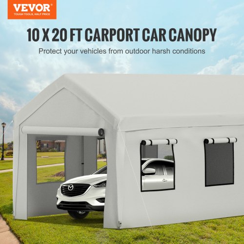 10 x 20 ft Carport Car Canopy, Heavy Duty Garage Shelter with 8 Legs, Removable Sidewalls and Windows, Car Garage Tent for Party, Boat, Adjustable Peak Height from 8.3 ft to 10 ft, Gray