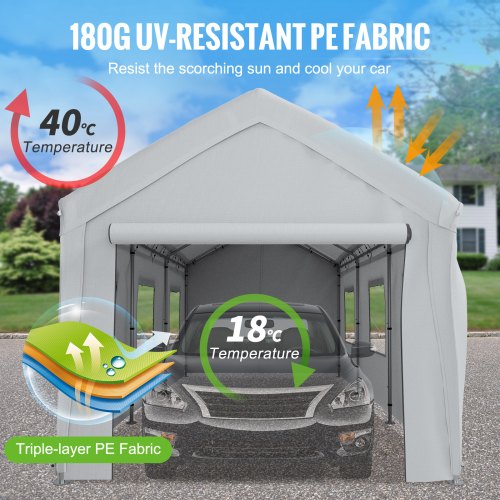 10 x 20 ft Carport Car Canopy, Heavy Duty Garage Shelter with 8 Legs, Removable Sidewalls and Windows, Car Garage Tent for Party, Boat, Adjustable Peak Height from 8.3 ft to 10 ft, Gray