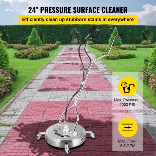 24 Inch Surface Cleaner Pressure Flat Surface Cleaning 4000 PSI Max Working Pressure Flat Surface Cleaner Stainless Steel Rotating Surface Cleaner with Wheels Power Washer Floor Scrubber