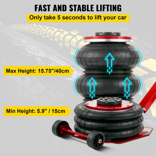 Air Bag Jack 6600lbs Capacity Pneumatic Jack Quick Lift 3T, Heavy Duty, Car Repair Jacks and Floor Jacks, Folding Rod Fast Lifting, Triple Bag, with Two Wheels, Quick Car Lifting Jack, Red