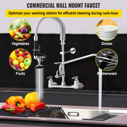 Commercial Faucet with Sprayer, 8" Adjustable Center Wall Mount Kitchen Faucet with 12" Swivel Spout, 21" Height Compartment Sink Faucet for Industrial Restaurant, Lead-free Brass