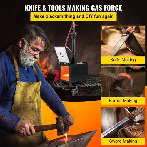 Propane Knife Forge, Blacksmithing Forge with Single Burner, Portable Propane Forge with Two Durable Doors, Large Capacity Farrier Forge, Square Propane Burner Forge for Knife and Tool Making