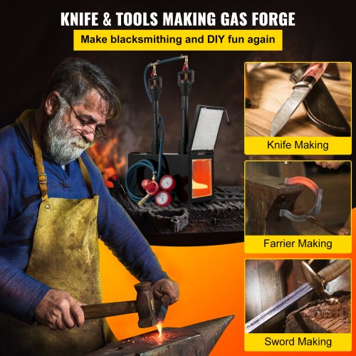 Propane Knife Forge, Blacksmithing Forge with Dual Burners, Portable Propane Forge with Two Durable Doors, Large Capacity Farrier Forge, Square Propane Burner Forge for Knife and Tool Making