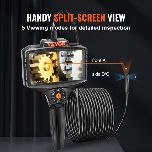 Triple Lens Inspection Camera with Light, 5" IPS Screen Industrial Borescope, 8X Zoom 1080P HD Split Screen, 10 LED Lights Scope Camera for Automotive, Plumbing(16.5FT)